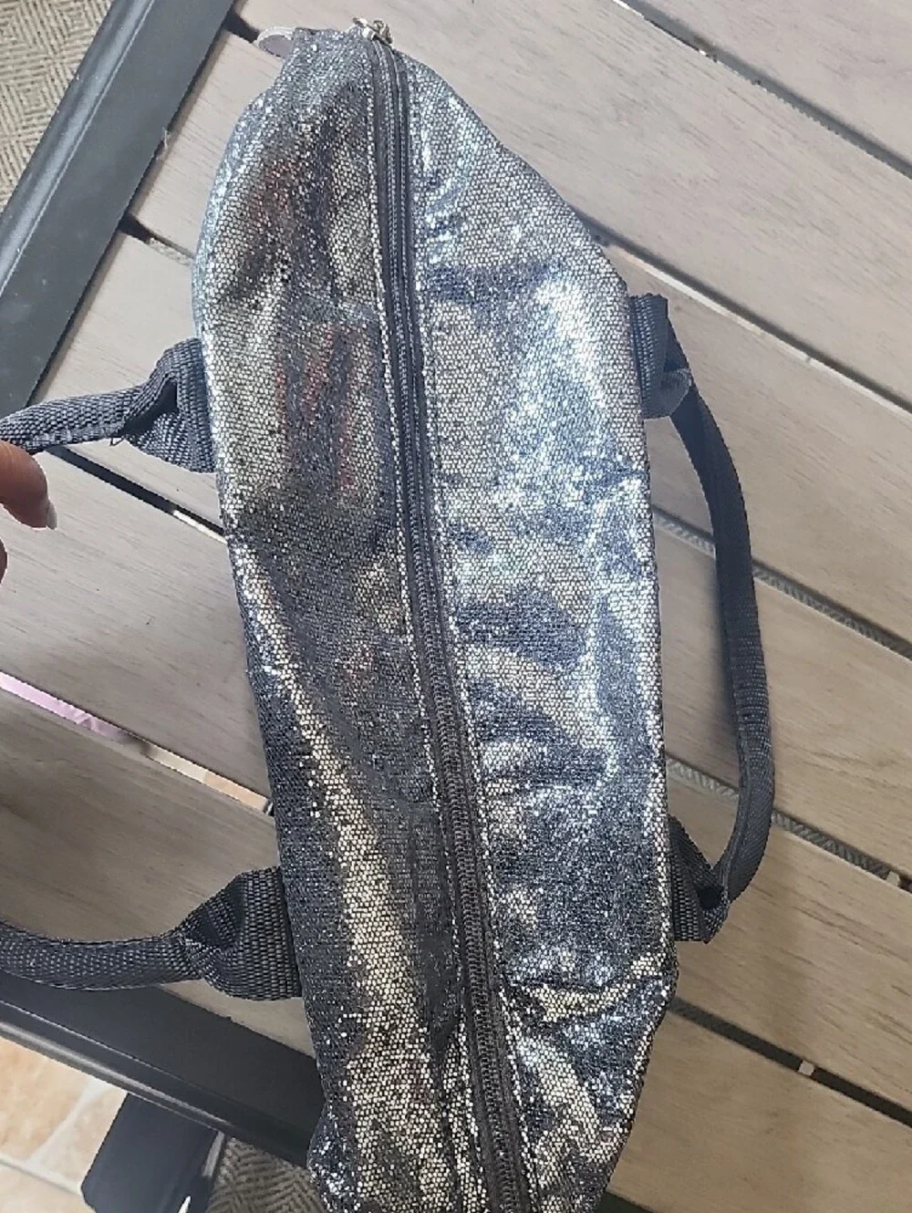 Victoria's Secret Silver Sequin Cosmetic Tote with Black Straps